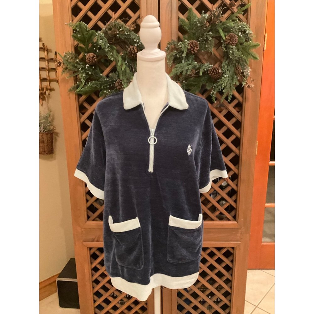 Massive Luxury Velour Chenille Quarter Zip Top Navy Pocket Pullover Size M